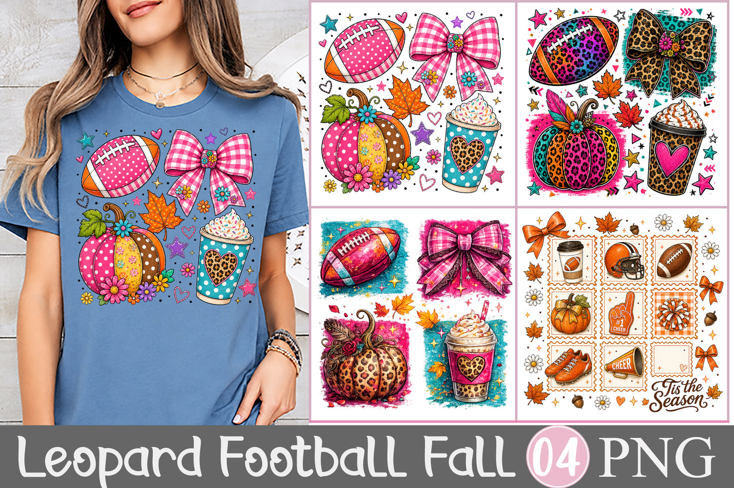 Pink Leopard Football Fall Coquette Bow PNG Sublimation