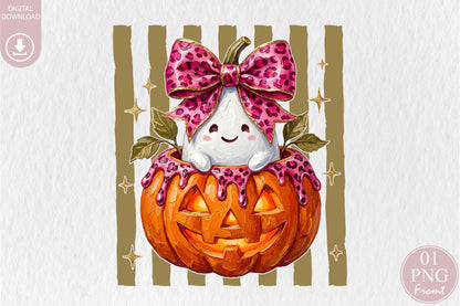 Pink Leopard Ghost Pumpkin PNG Cute Halloween Sublimation