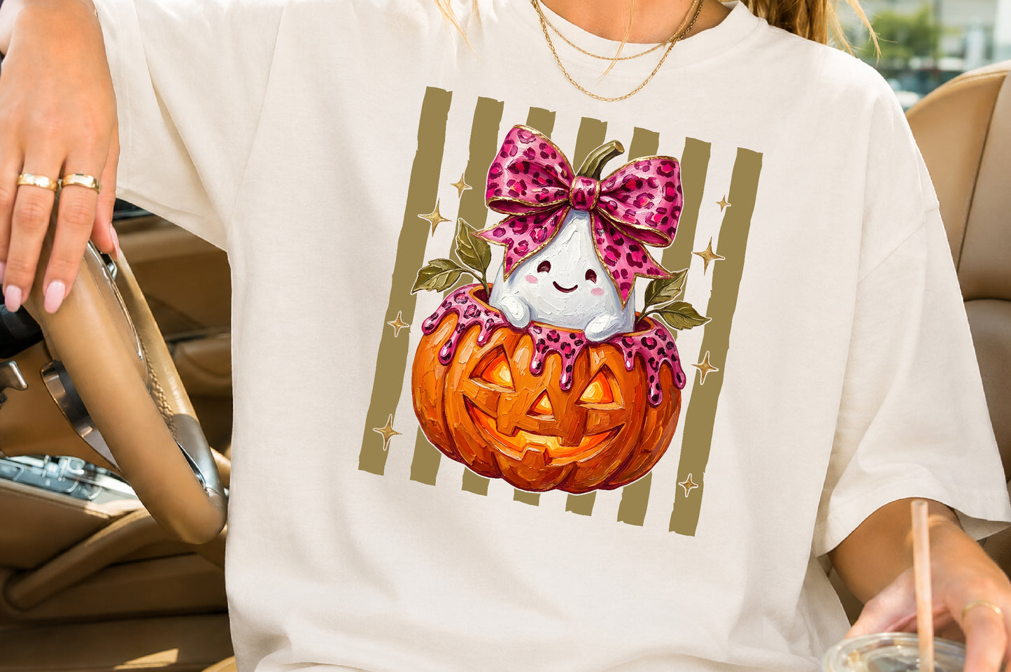 Pink Leopard Ghost Pumpkin PNG Cute Halloween Sublimation