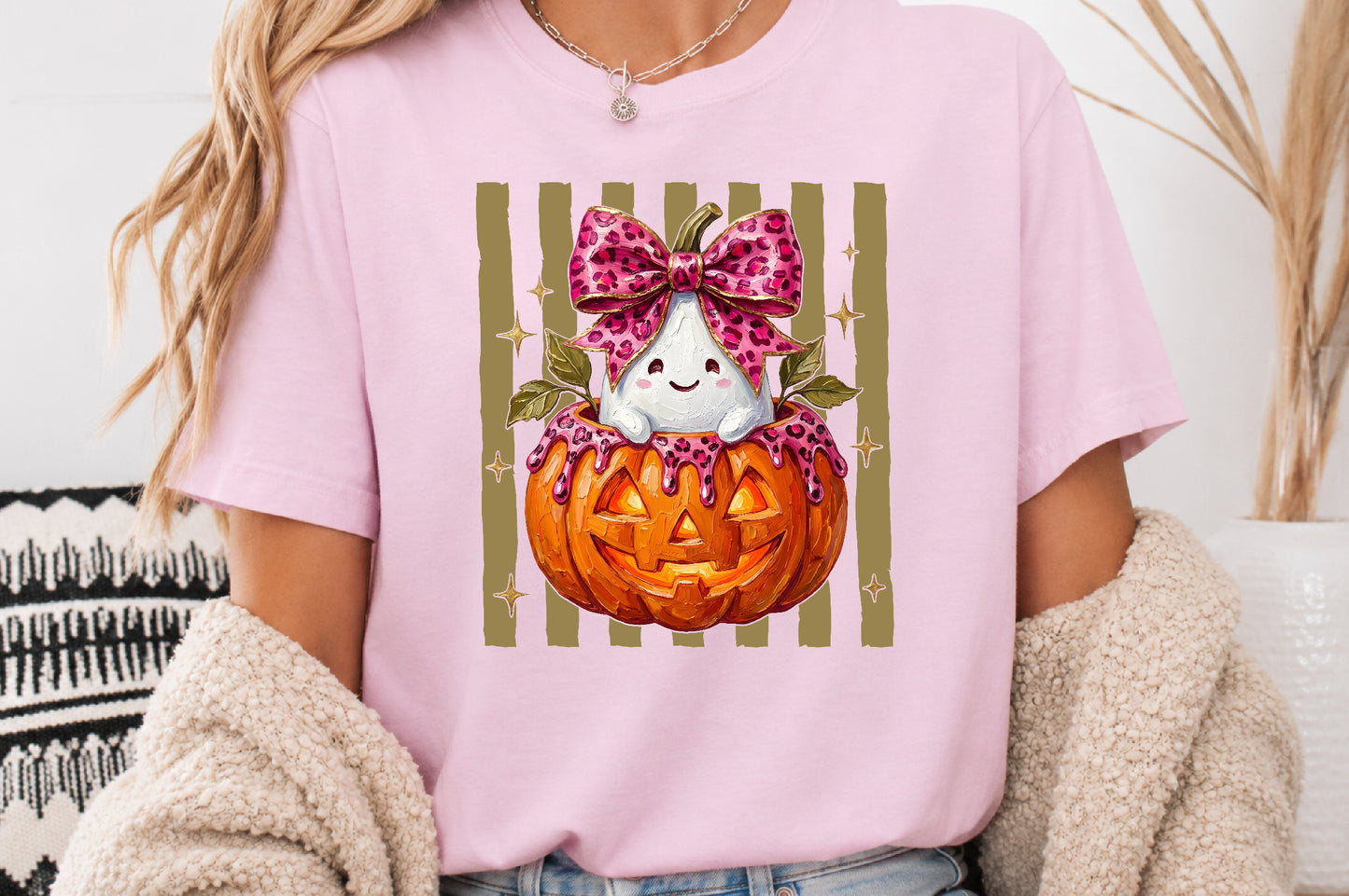 Pink Leopard Ghost Pumpkin PNG Cute Halloween Sublimation