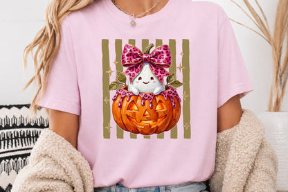 Pink Leopard Ghost Pumpkin PNG Cute Halloween Sublimation
