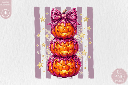 Pink Leopard Stacked Pumpkin PNG Cute Halloween Sublimation