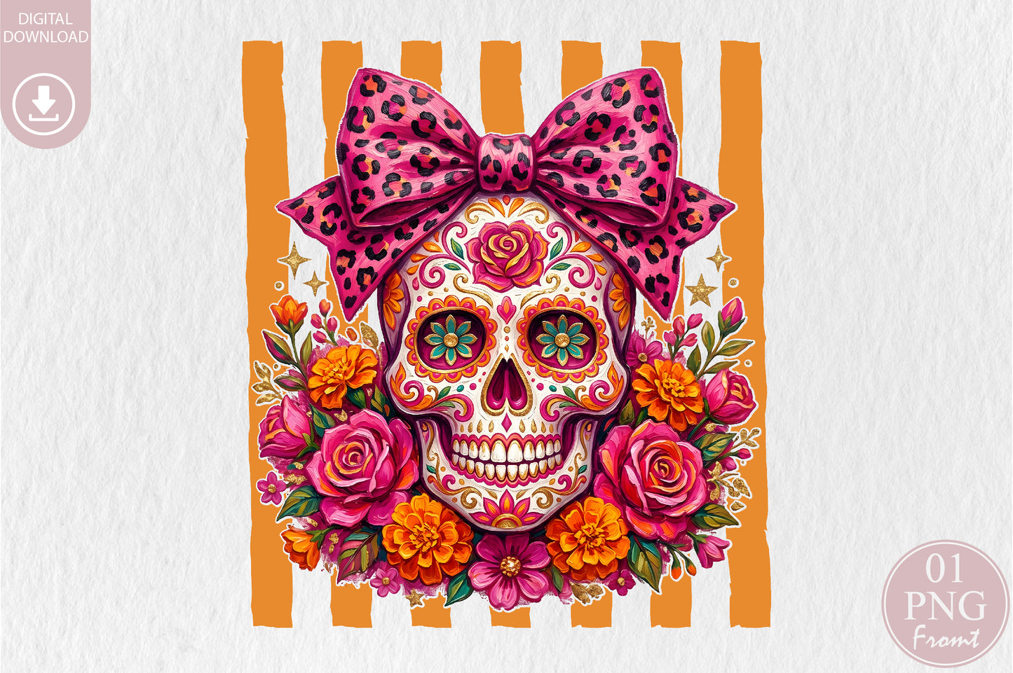 Pink Leopard Sugar Skull PNG Halloween Floral Sublimation