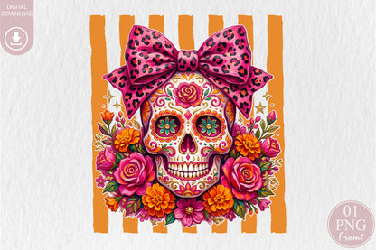 Pink Leopard Sugar Skull PNG Halloween Floral Sublimation