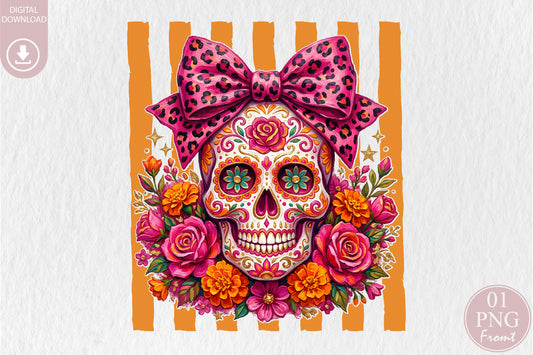 Pink Leopard Sugar Skull PNG Halloween Floral Sublimation