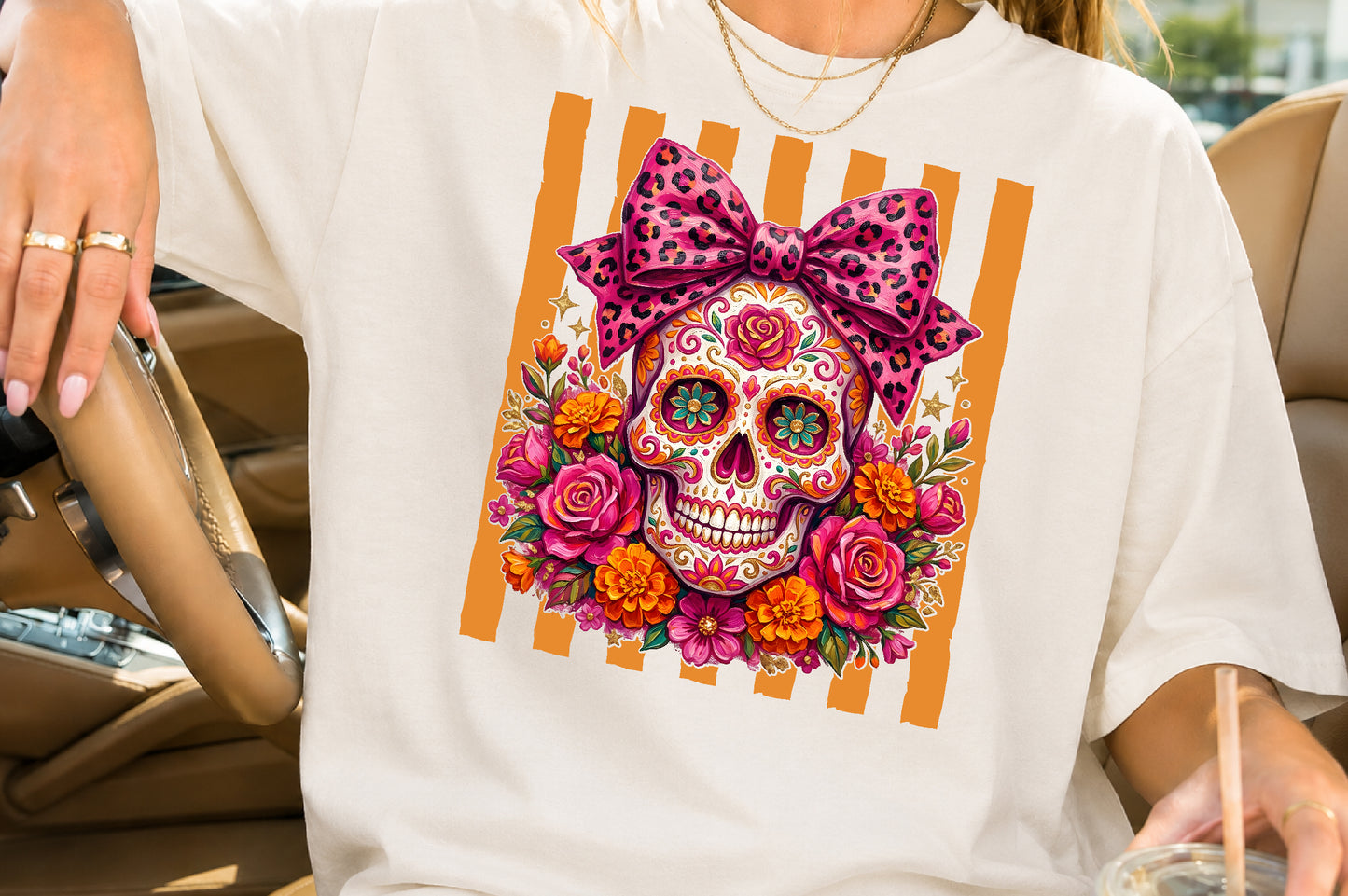 Pink Leopard Sugar Skull PNG Halloween Floral Sublimation