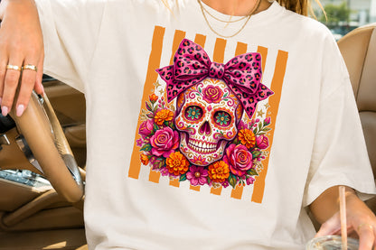 Pink Leopard Sugar Skull PNG Halloween Floral Sublimation