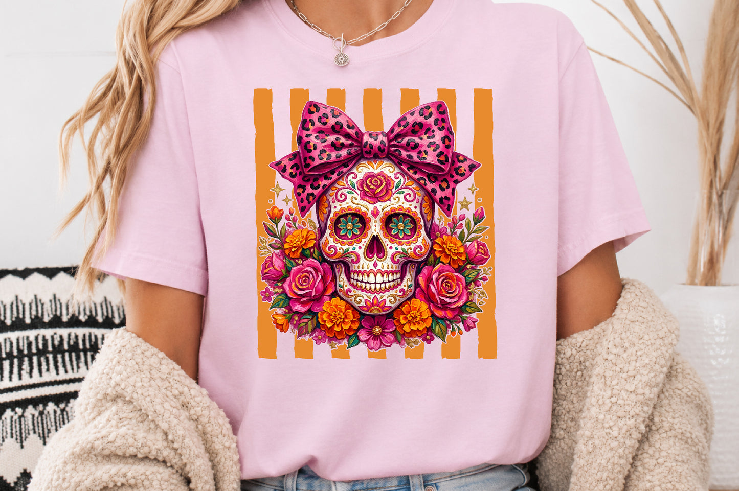 Pink Leopard Sugar Skull PNG Halloween Floral Sublimation