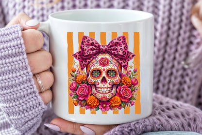 Pink Leopard Sugar Skull PNG Halloween Floral Sublimation