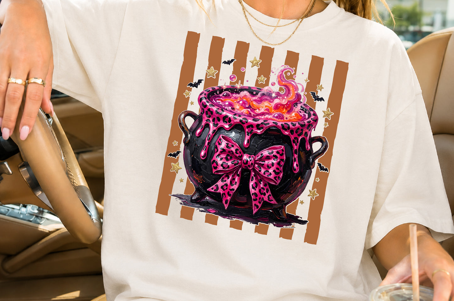 Pink Leopard Witch Cauldron PNG Halloween Sublimation