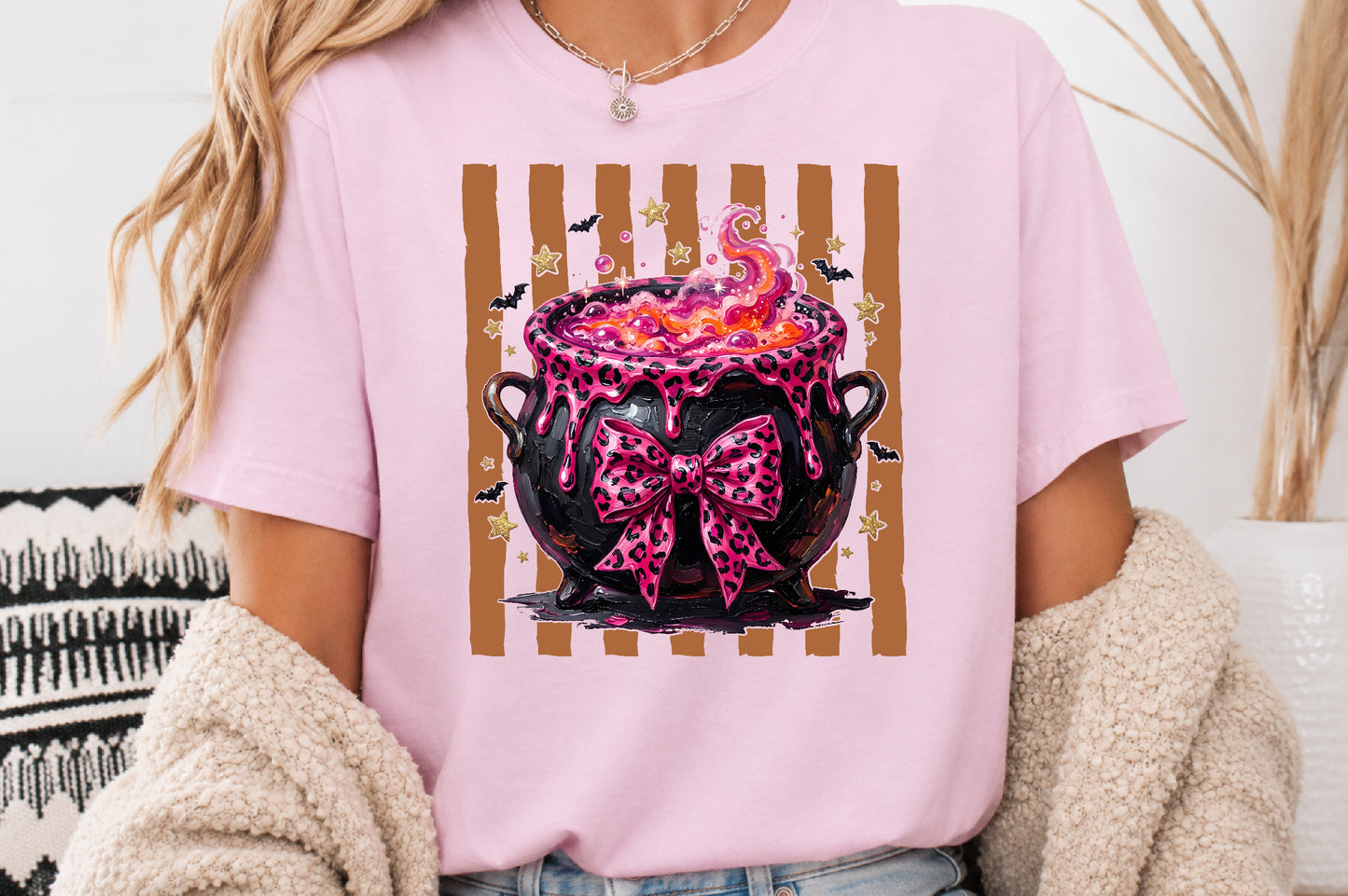 Pink Leopard Witch Cauldron PNG Halloween Sublimation