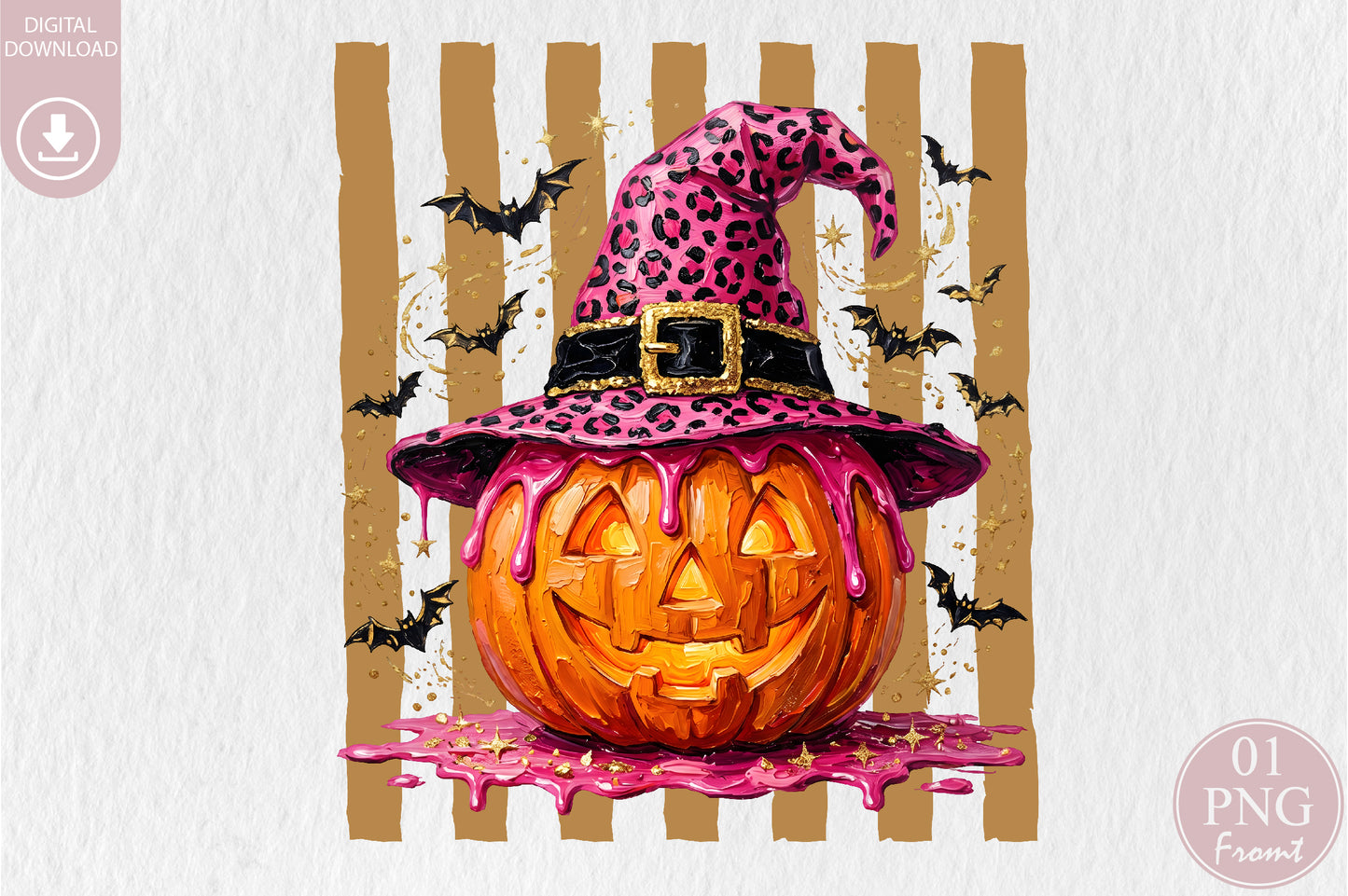 Pink Leopard Witch Hat Pumpkin PNG Cute Halloween Sublimation