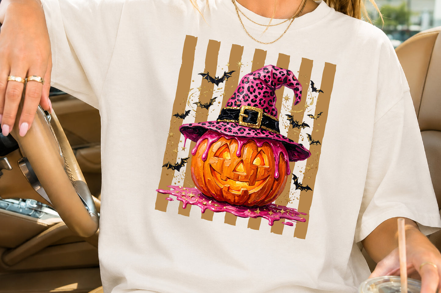 Pink Leopard Witch Hat Pumpkin PNG Cute Halloween Sublimation