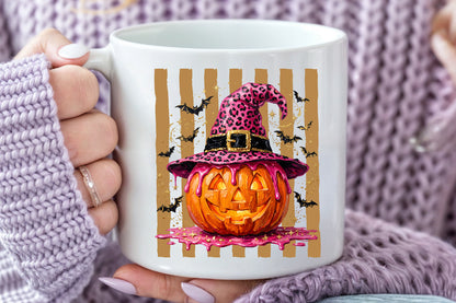 Pink Leopard Witch Hat Pumpkin PNG Cute Halloween Sublimation