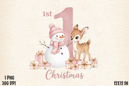 Pink My First Christmas Baby Deer Snowman PNG Holiday Sublimation