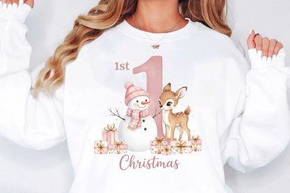Pink My First Christmas Baby Deer Snowman PNG Holiday Sublimation