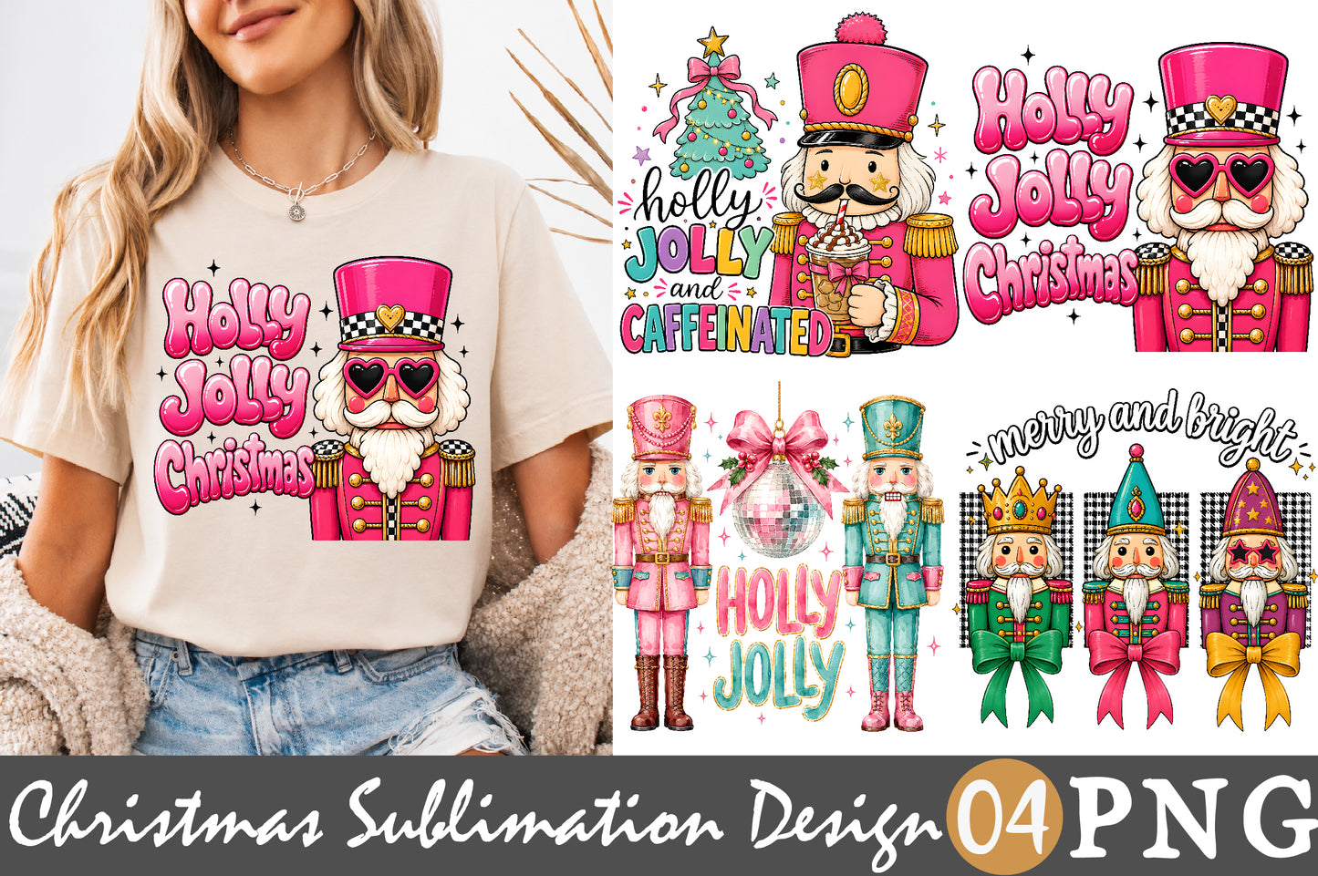Holly Jolly Christmas Nutcracker PNG Pink Christmas Sublimation Design