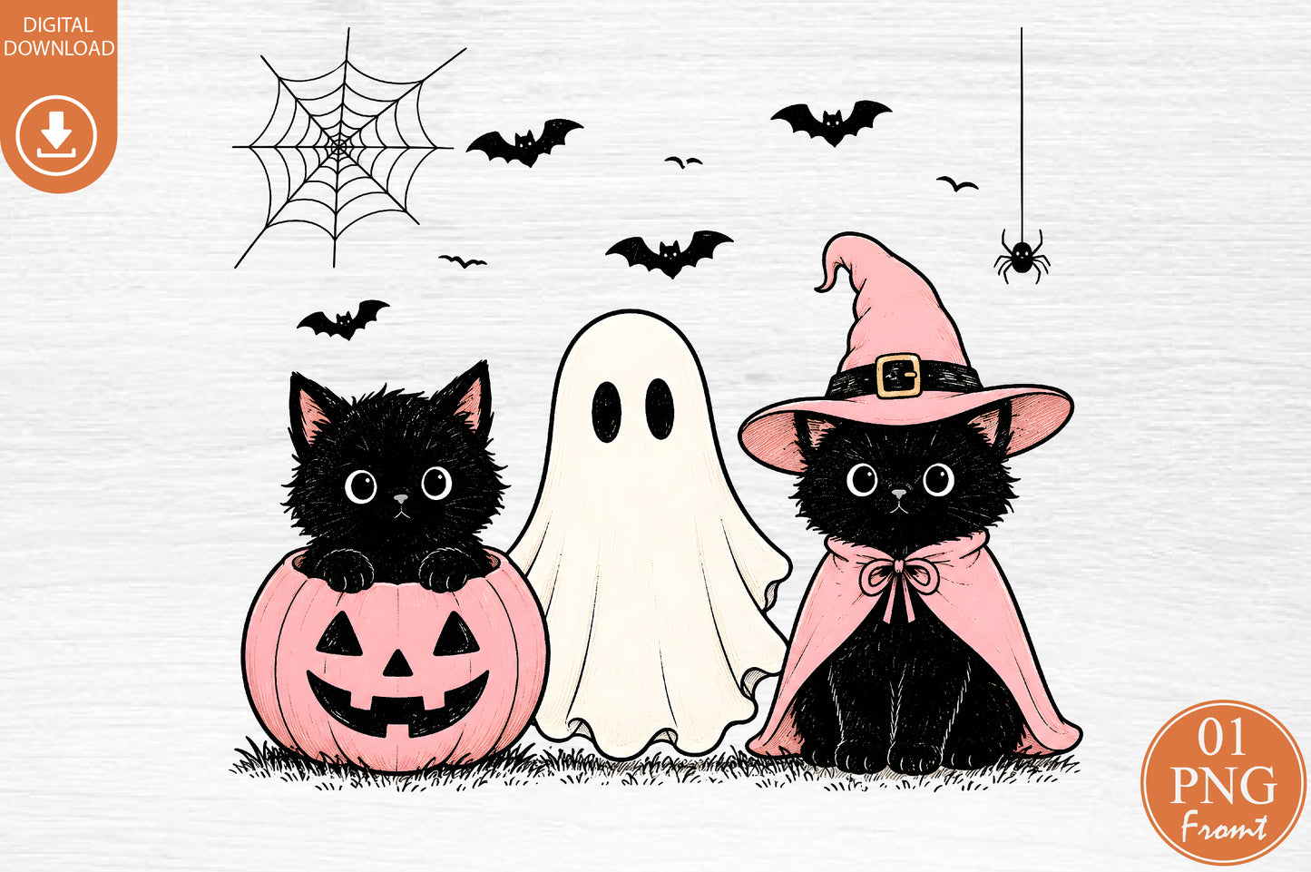 Pink Pumpkin Cat PNG Halloween Ghost Witch Sublimation Design