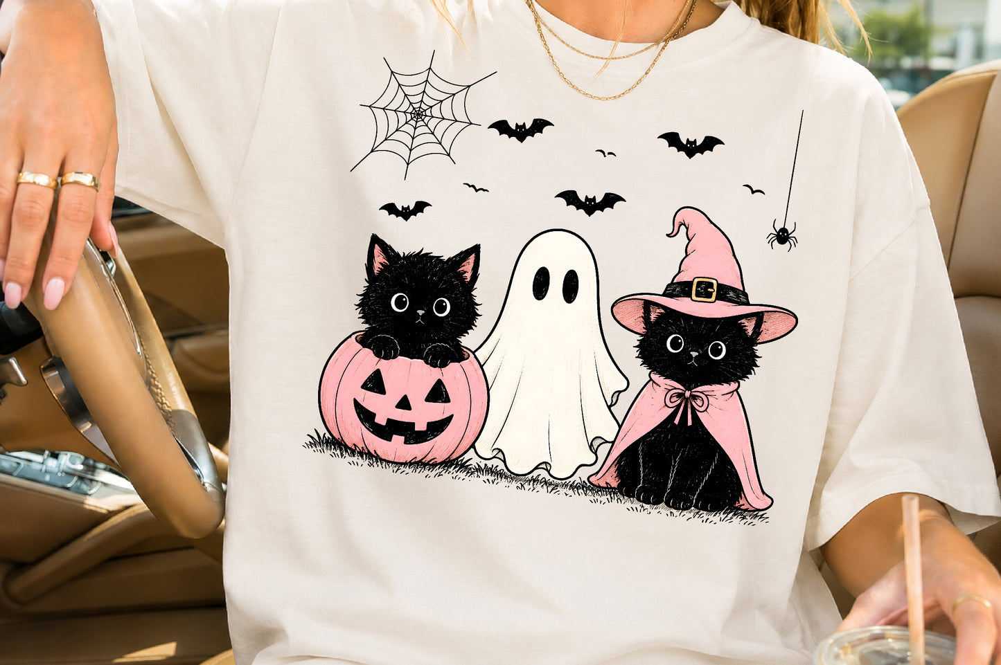 Pink Pumpkin Cat PNG Halloween Ghost Witch Sublimation Design