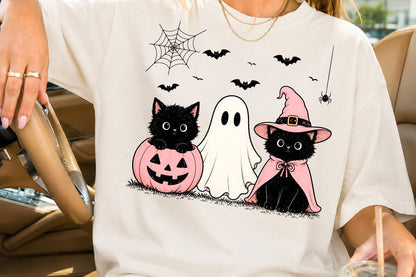 Pink Pumpkin Cat PNG Halloween Ghost Witch Sublimation Design