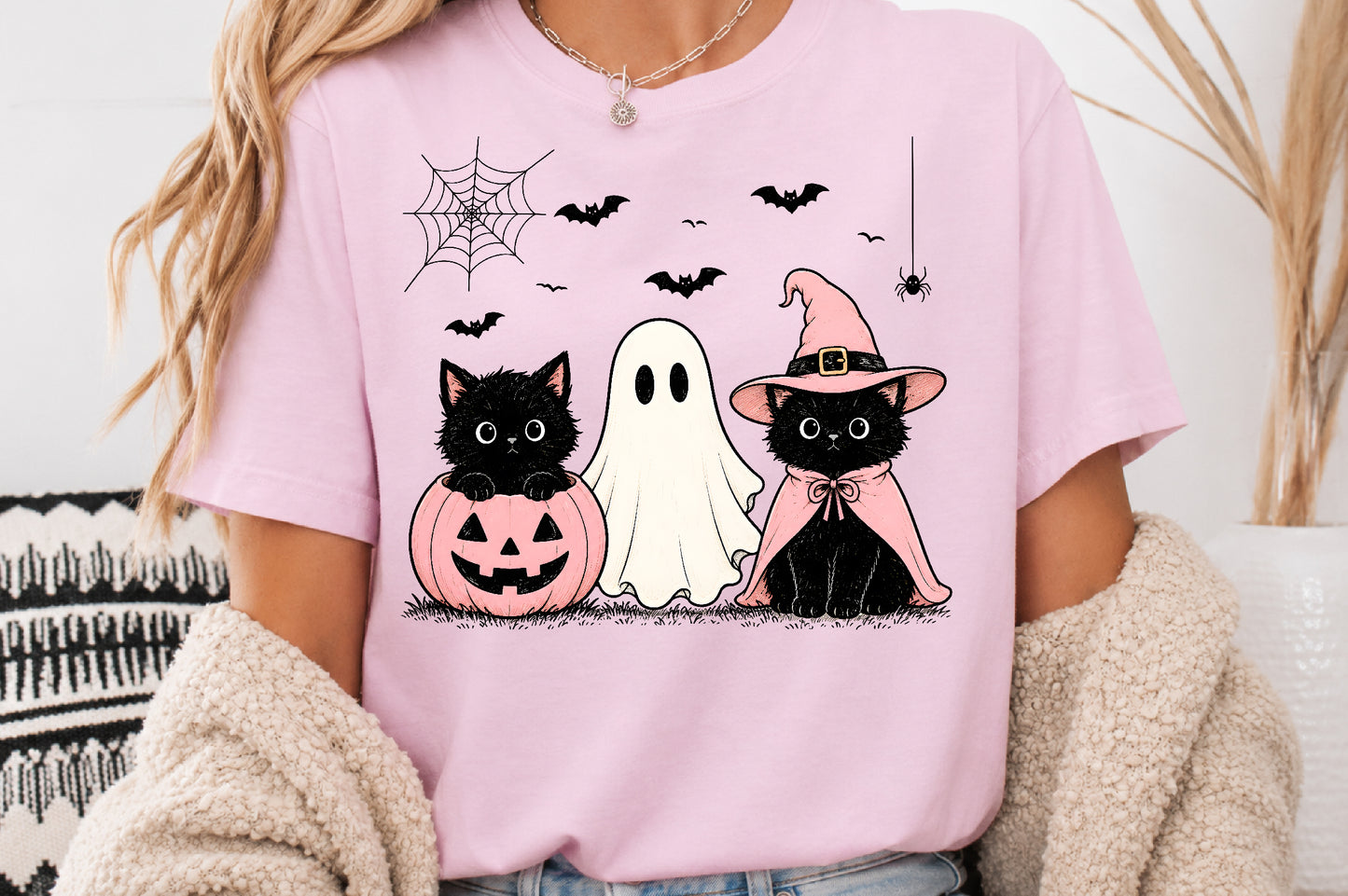 Pink Pumpkin Cat PNG Halloween Ghost Witch Sublimation Design