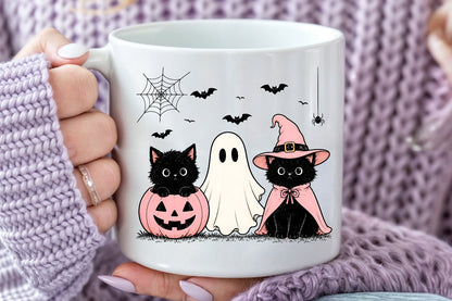Pink Pumpkin Cat PNG Halloween Ghost Witch Sublimation Design