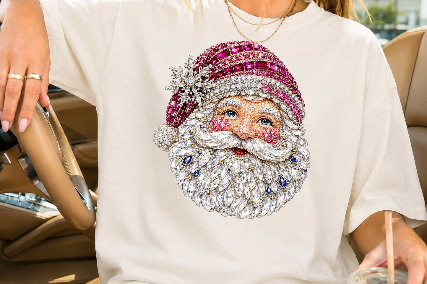 Pink Rhinestone Santa Claus PNG Sublimation Design