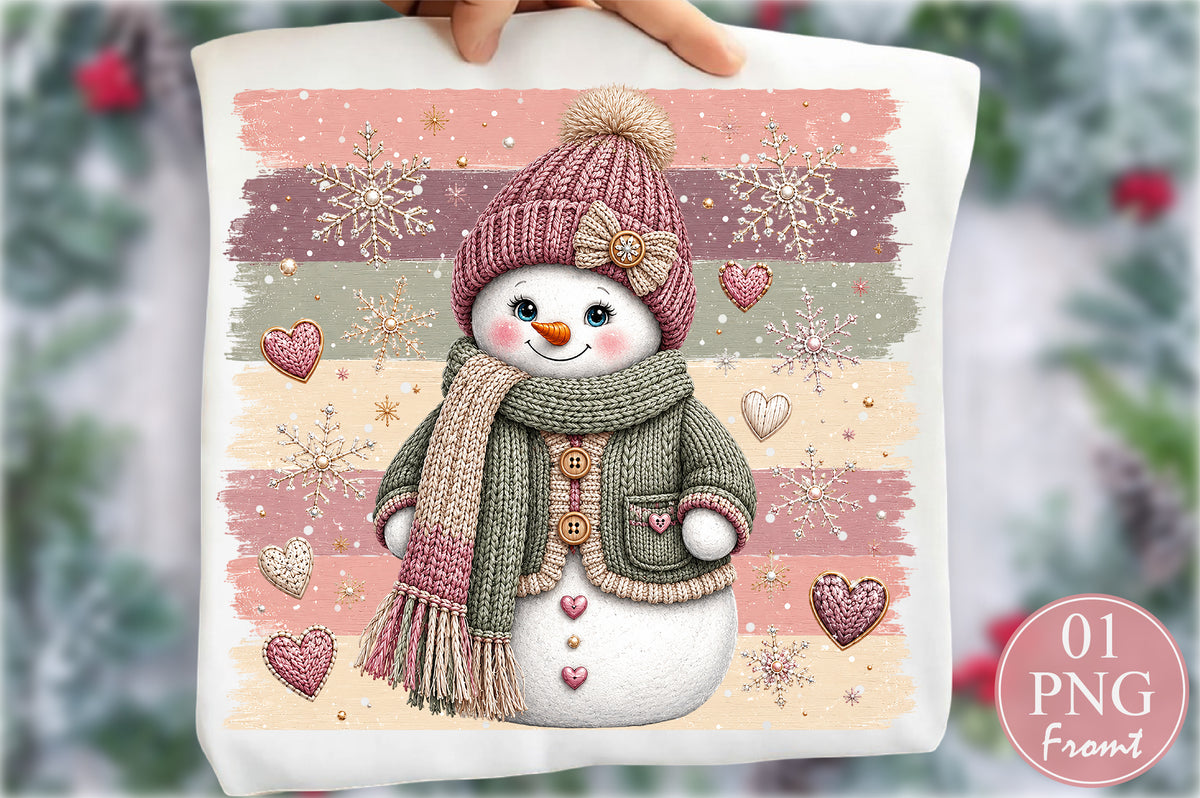 Pink Cozy Snowman Christmas PNG Sublimation Design