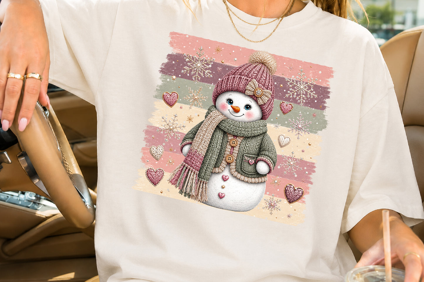 Pink Cozy Snowman Christmas PNG Sublimation Design