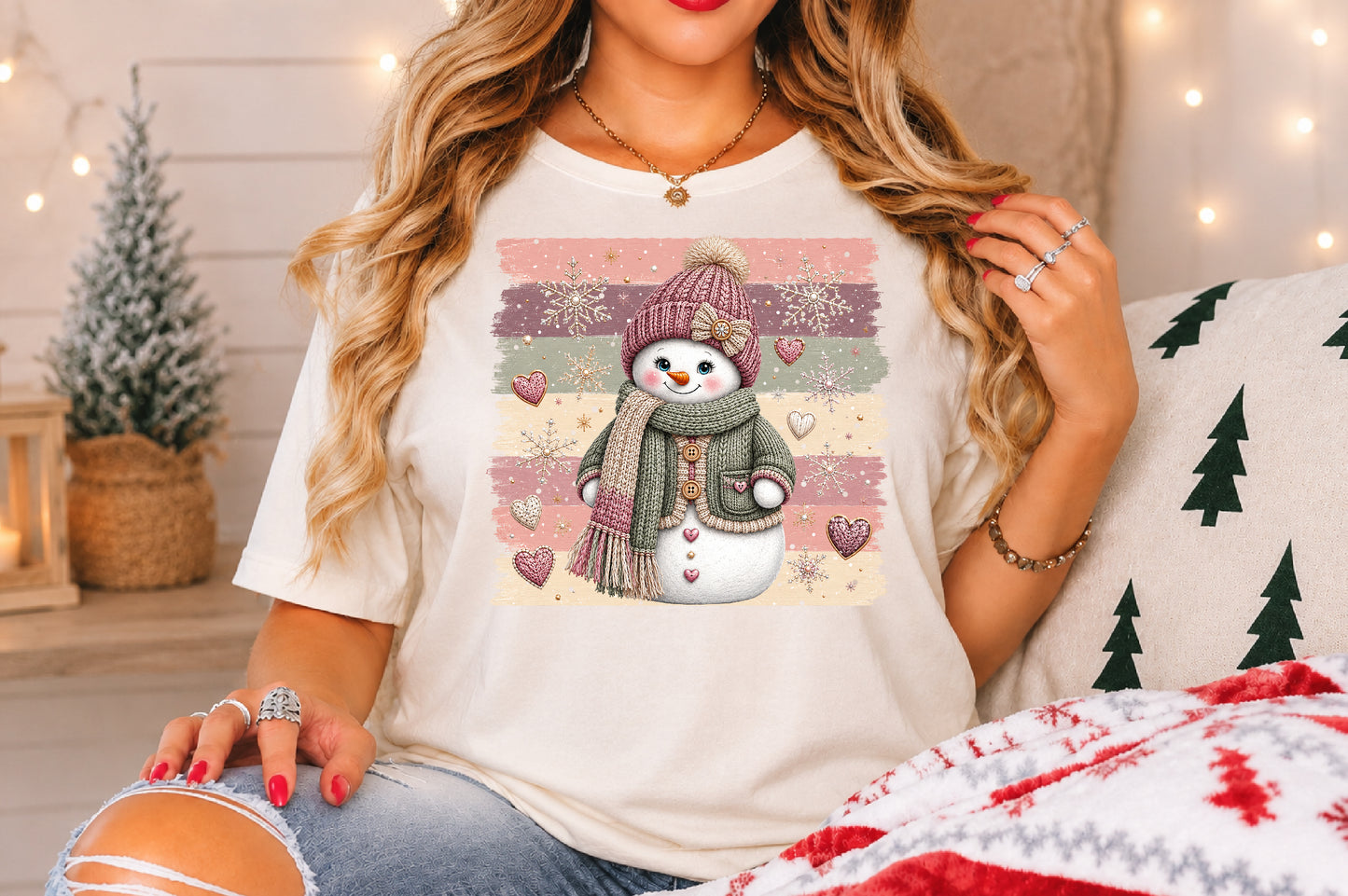 Pink Cozy Snowman Christmas PNG Sublimation Design