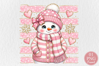 Pink Stripes Snowman Christmas PNG Cute Winter Holiday Sublimation Design