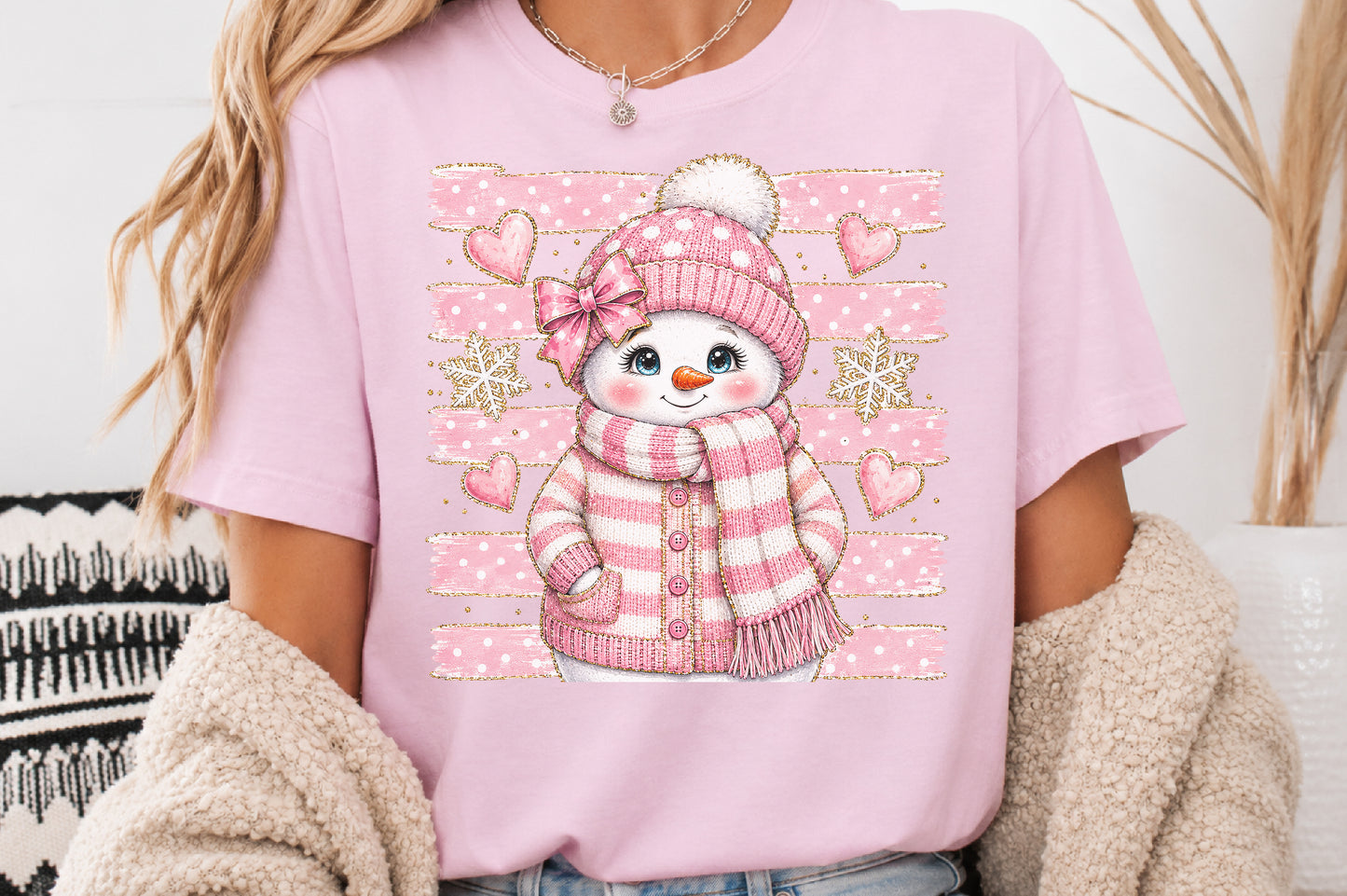 Pink Stripes Snowman Christmas PNG Cute Winter Holiday Sublimation Design
