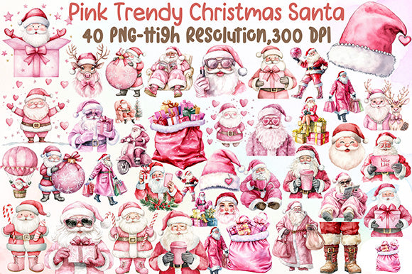 Pink Trendy Christmas Santa Clipart Cute Holiday PNG Bundle