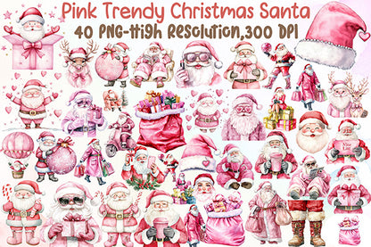 Pink Trendy Christmas Santa Clipart Cute Holiday PNG Bundle