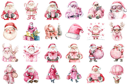 Pink Trendy Christmas Santa Clipart Cute Holiday PNG Bundle