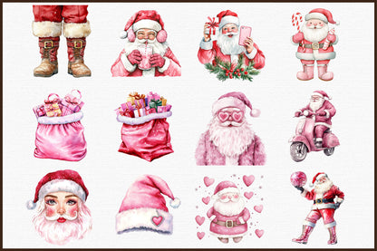 Pink Trendy Christmas Santa Clipart Cute Holiday PNG Bundle