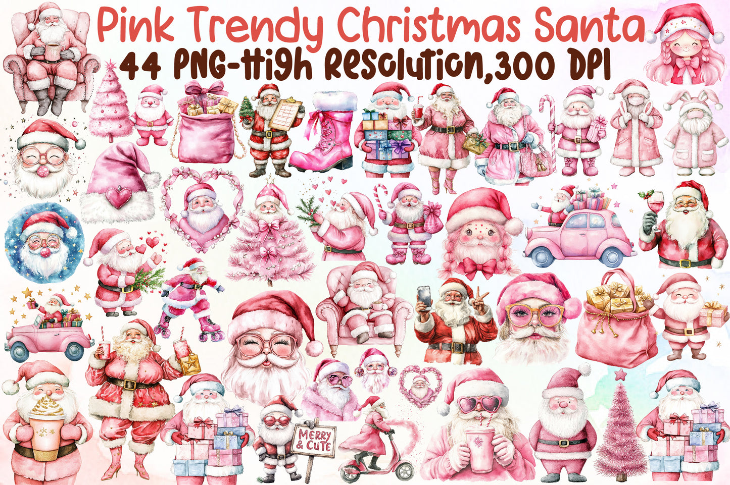 Pink Trendy Christmas Santa Watercolor Clipart Holiday PNG Bundle