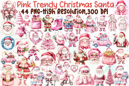 Pink Trendy Christmas Santa Watercolor Clipart Holiday PNG Bundle