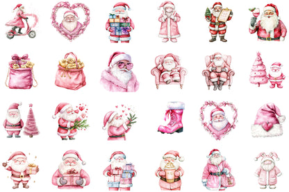 Pink Trendy Christmas Santa Watercolor Clipart Holiday PNG Bundle