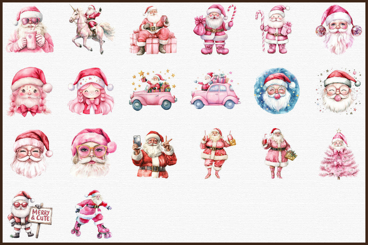 Pink Trendy Christmas Santa Watercolor Clipart Holiday PNG Bundle