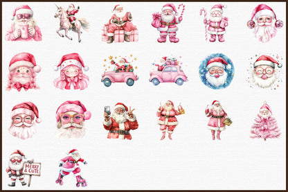 Pink Trendy Christmas Santa Watercolor Clipart Holiday PNG Bundle