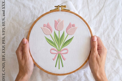 Pink Tulip Flower Embroidery Design – Beautiful Pink Tulip Machine Embroidery Pattern, Elegant Floral Botanical Embroidery Design