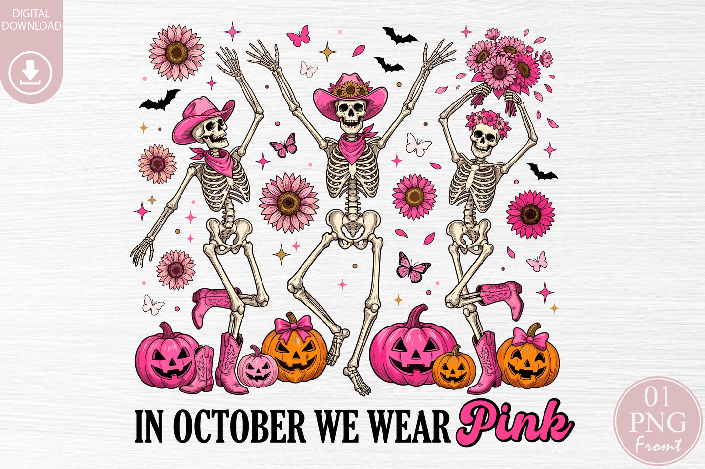 Pink Western Skeleton Halloween Sublimation PNG