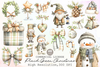 Plaid Green Christmas Clipart PNG Bundle