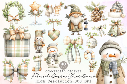 Plaid Green Christmas Clipart PNG Bundle