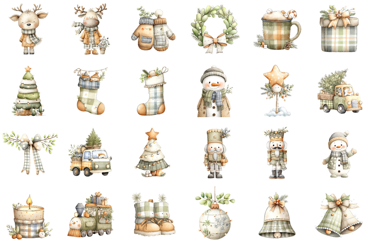 Plaid Green Christmas Clipart PNG Bundle