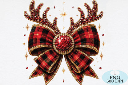 Plaid Reindeer Bow Christmas PNG