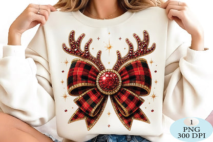 Plaid Reindeer Bow Christmas PNG