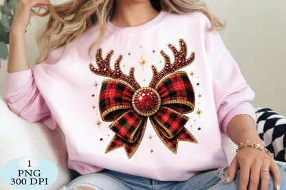Plaid Reindeer Bow Christmas PNG