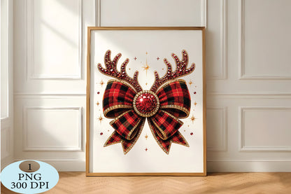 Plaid Reindeer Bow Christmas PNG